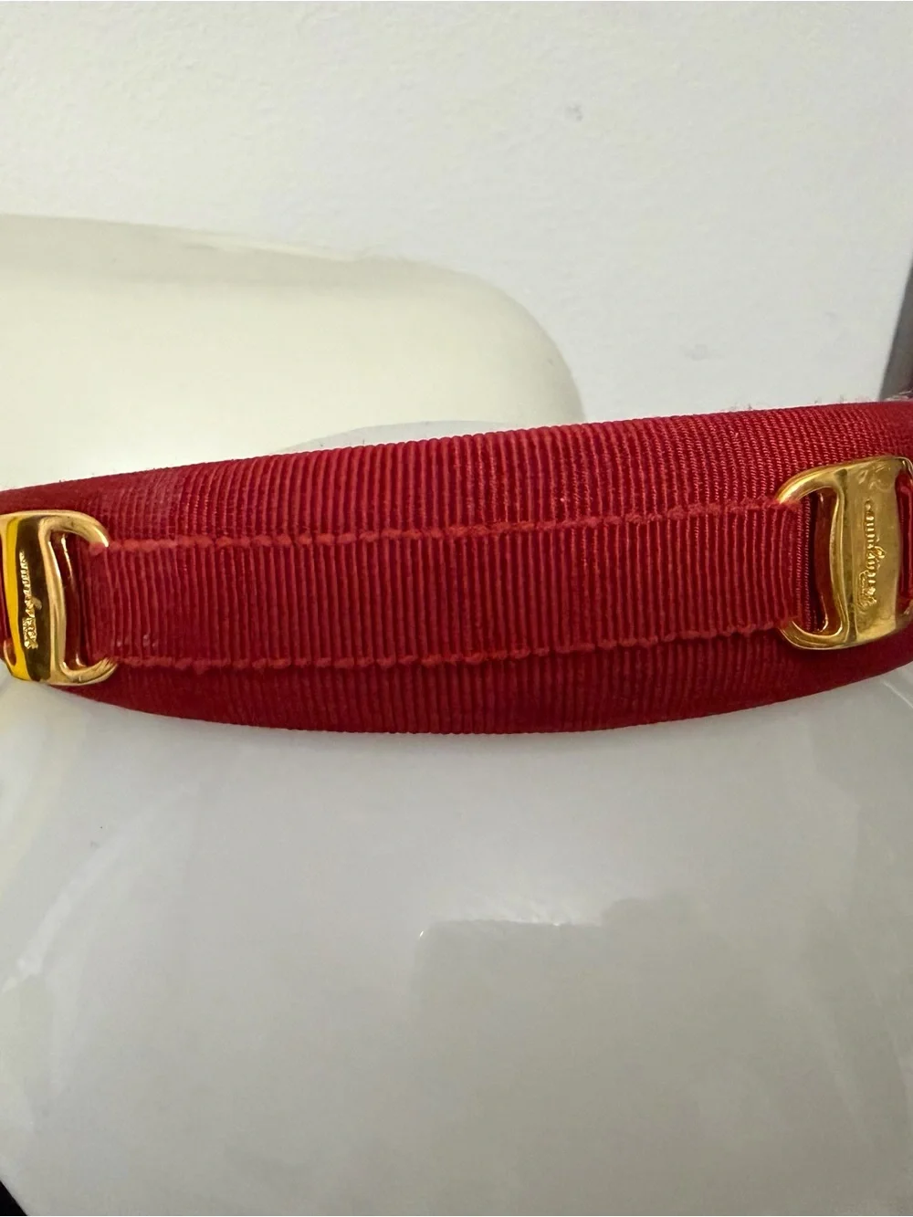 Salvatore Ferragamo Red Grosgrain Headband with Gold Logo Buckle